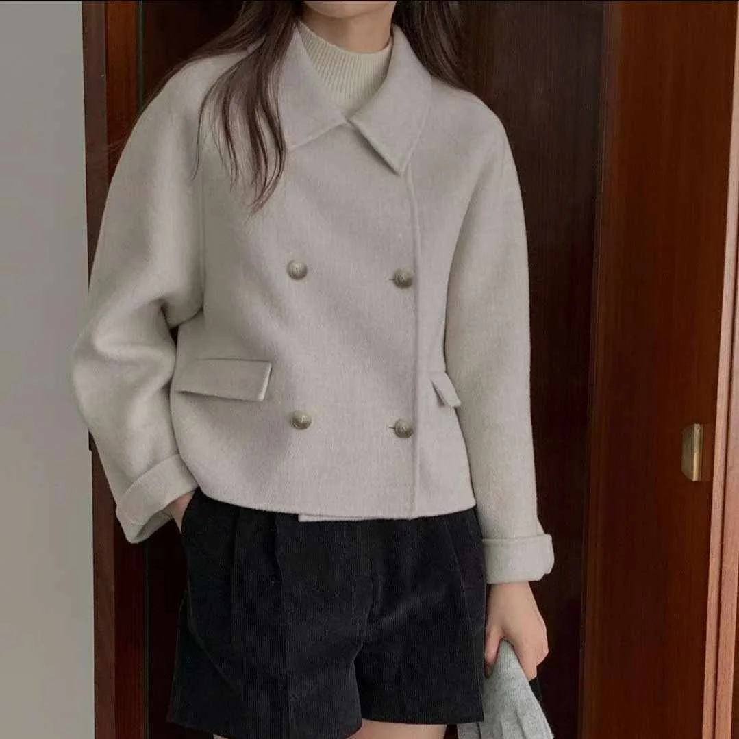 

Женская шерстяная куртка, двубортный длинный све, повседневный топ с отложным воротником, универсальный топ на осень-зиму для поездок на работу