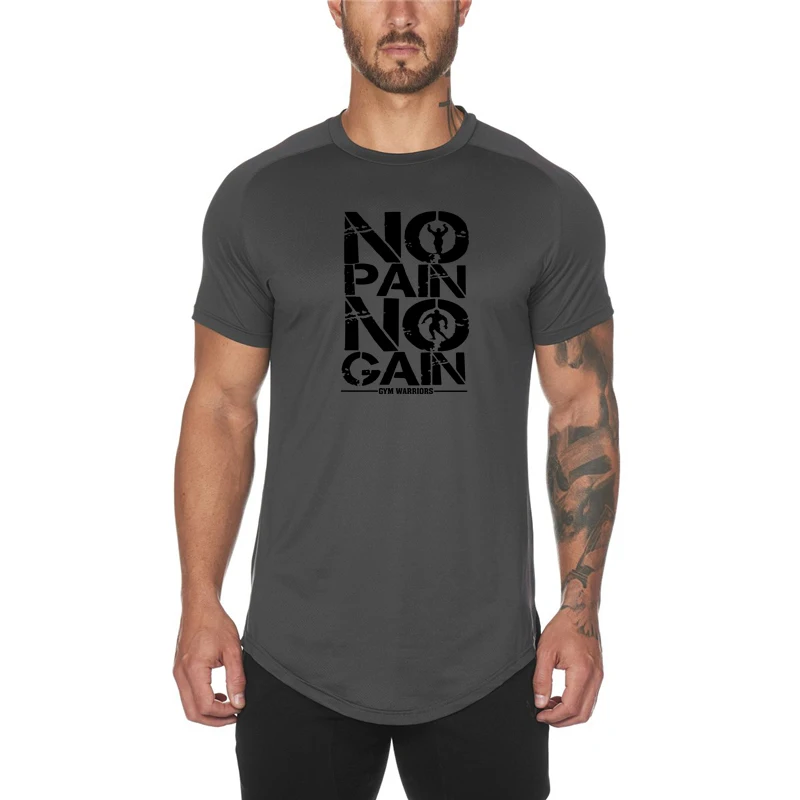 Summer  Men's Running Fast-drying Short-sleeve Printed No Pain No Gain T-shirts for Jogger