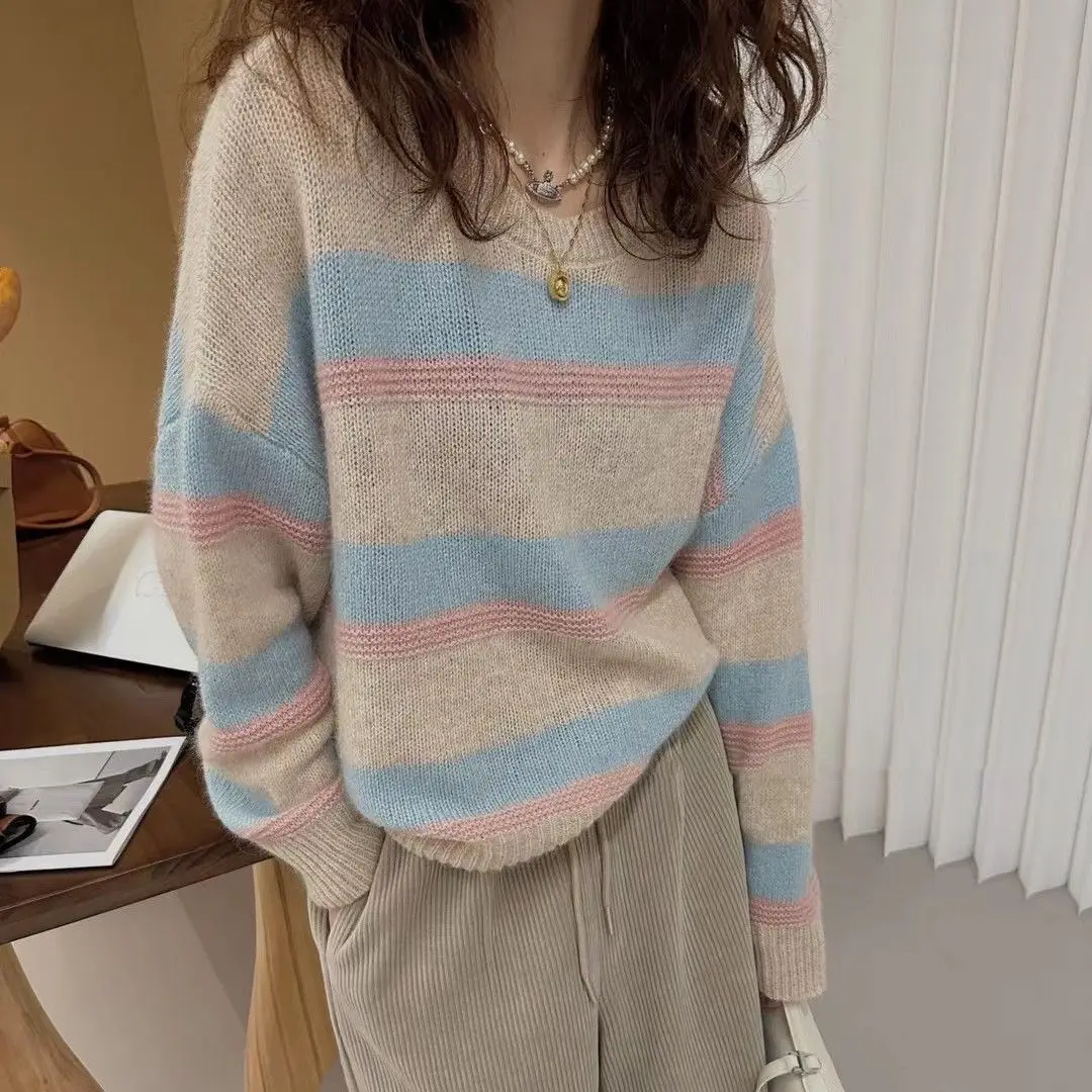 

Korean Style Fashion Retro Striped Round Neck Knitted Sweater Spring/Autumn New High Quality Elegant Casual Popular Women's Top
