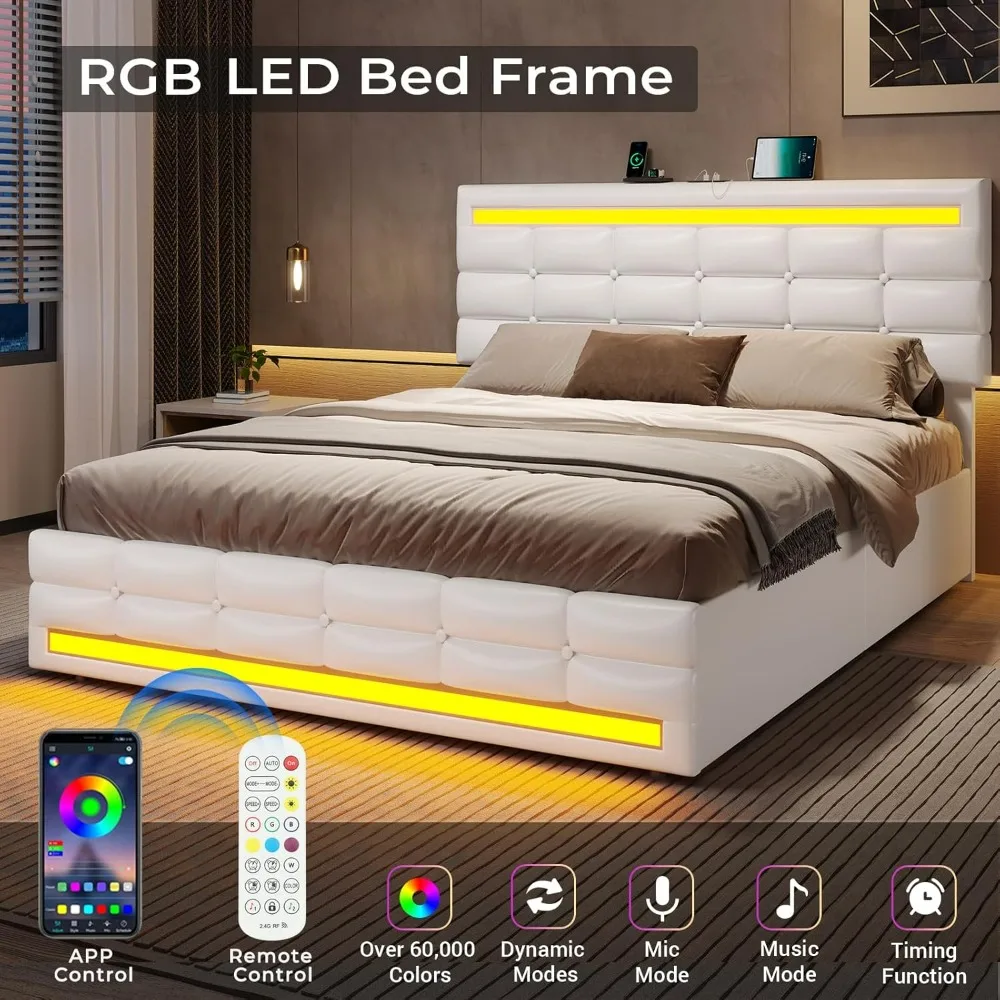 Frame with Drawers, LED Bed Frame with Charging Station and Storage & LED Lights Headboard Footboard, Pu Leather Bed Frame