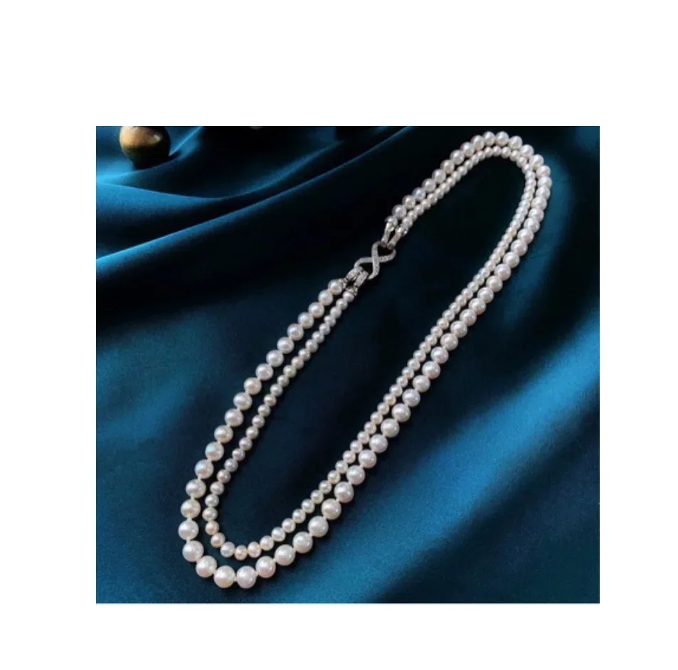 BEAUTIFUL 2 ROW 7-9MM WHITE PEARL NECKLACE GENUINE NATURAL PEARLS FOR WOMEN JEWELRY