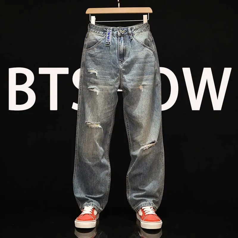 

Men's Distressed Denim Jeans Autumn Large Size Loose Slim Straight Leg Pants Versatile Washed Long Trousers Retro Jeans