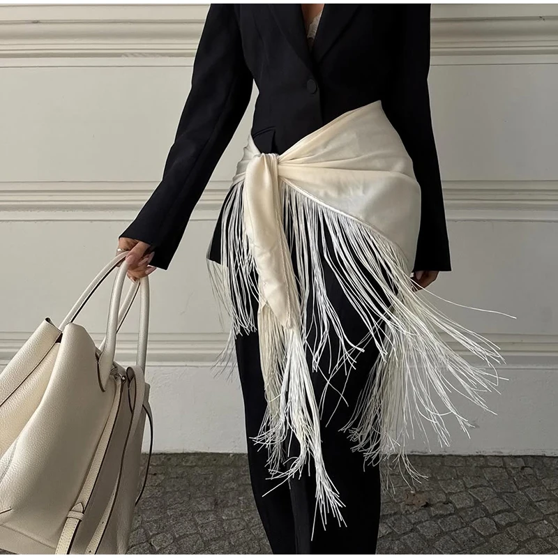 Beige Fringe Wrap Skirt Solid Tie Waist Boho Style Elegant Women Fashion All-match Mini Skirts Party Chic Casual Vacation Outfit