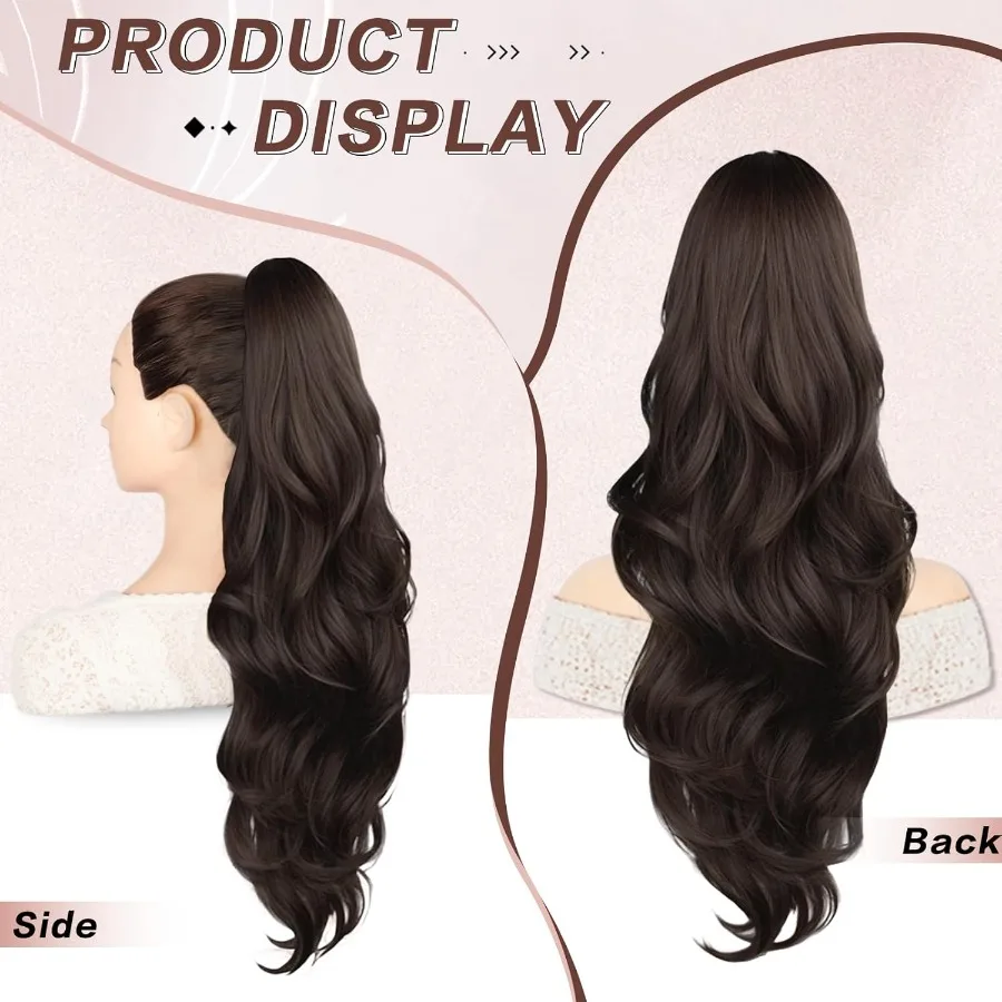 وصلة شعر طويلة مموجة برباط بطول 26 بوصة للنساء، قطعة شعر صناعية بمشبك على شكل ذيل حصان مع مظهر طبيعي مثالي لـ