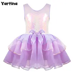 Kids Girls Artistic Skating Dress Ballerina Tutu Dress Shiny Sequin Mesh Splice Bowknot on Waist Gymnastics Ballet Dance Dress