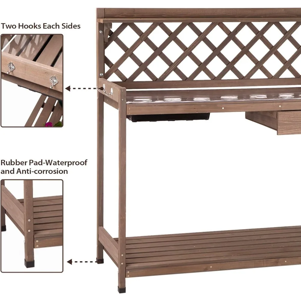 Potting Bench Garden Table for Plants Outside Outdoor Wooden Garden Work Bench with Sink Storage PVC Layer Drawer Shelf Hook