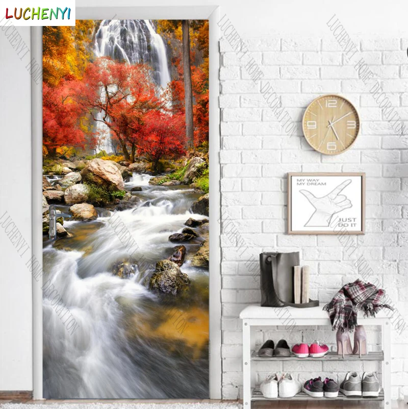 Papel de parede stone maple leaf waterfall tree beautiful landscape door sticker bedroom door wallpaper mural , home decoration