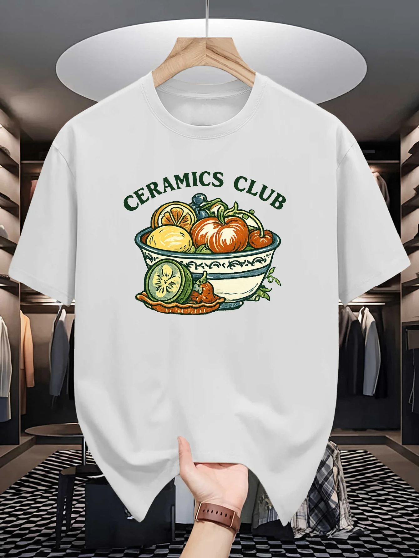 Vintage Fruit Bowl Ceramics Club Graphic Mens Crew Neck T Shirt Retro Vegetable Print Short Sleeve Casual Cotton Daily Tops