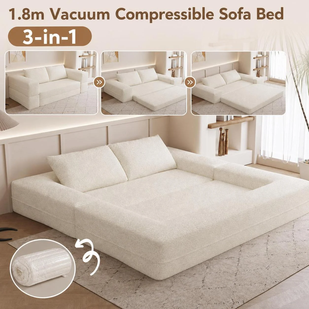 1,8 m weißes Chenille-Vakuum-Kompressionssofa, 3-in-1 klappbares Bodensofa, weiches Liegesofa für Wohn- und Schlafzimmer