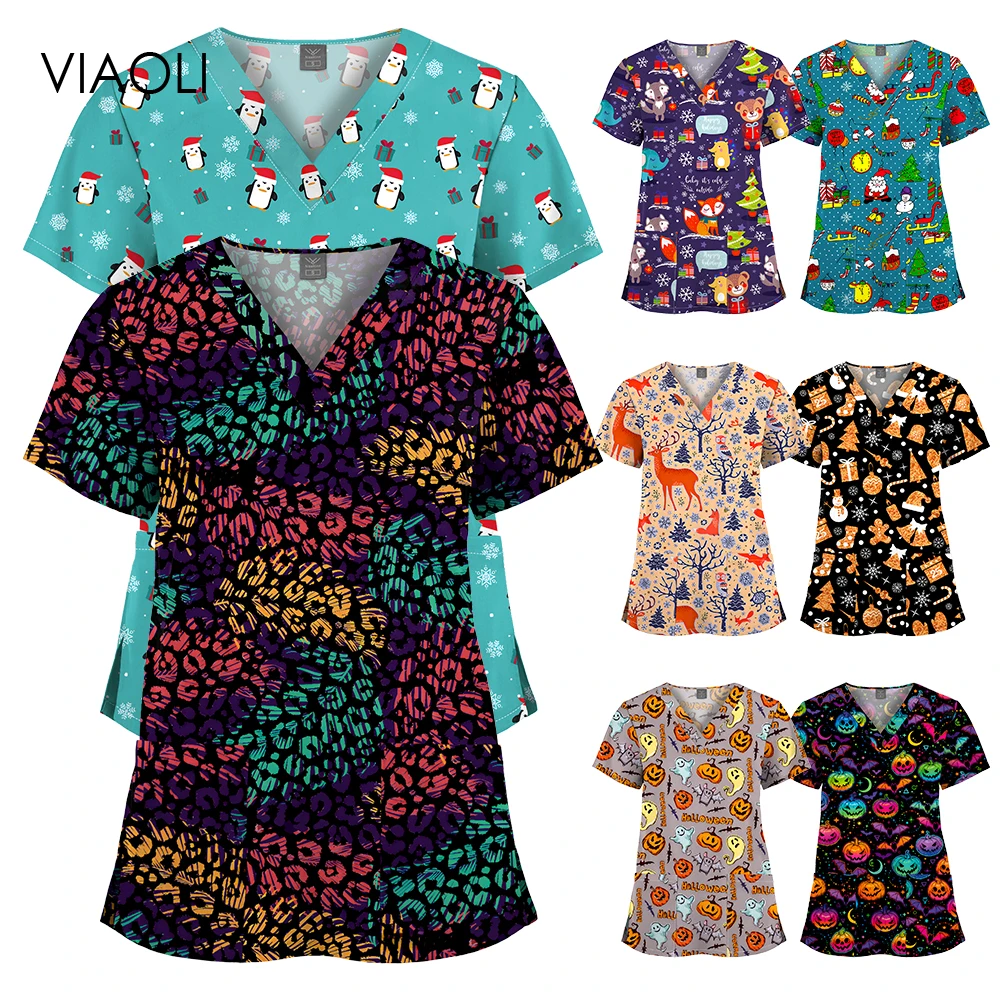 Medical Scrubs Wholesale Hospital Nurse Uniforms Fashion Print Scrub Top Wholesale Women Men Scrub Nursing Short Sleeved T-shirt