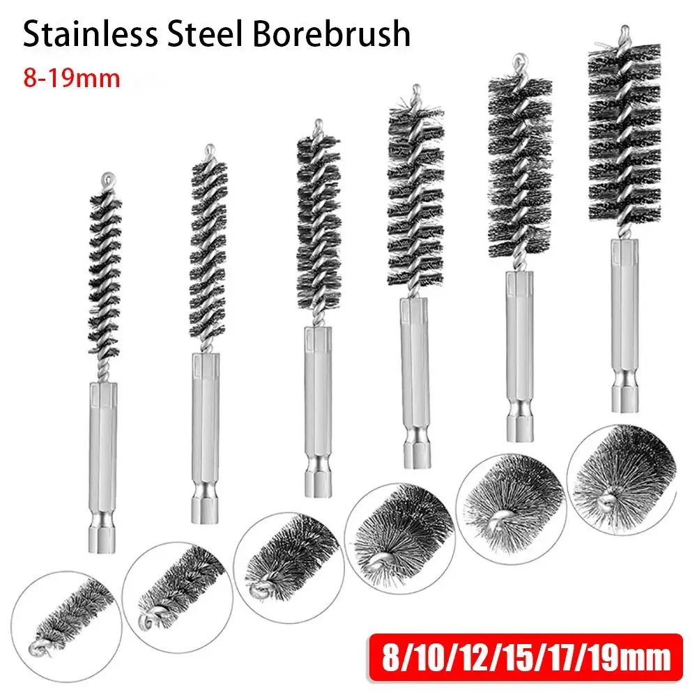 1/6Pcs Stainless Steel Steel Bore Brush Washing Polishing Tools With Handle Twisted Wire Borebrush 1/4 6.35mm Hex Shank 8-19mm