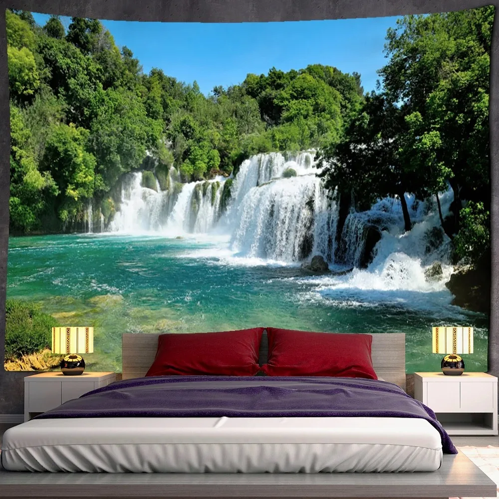 Waterfall Pattern Tapestry White Clouds Landscape Wall Hanging Cloth Bohemian Home Decor Living Room Background Cloth