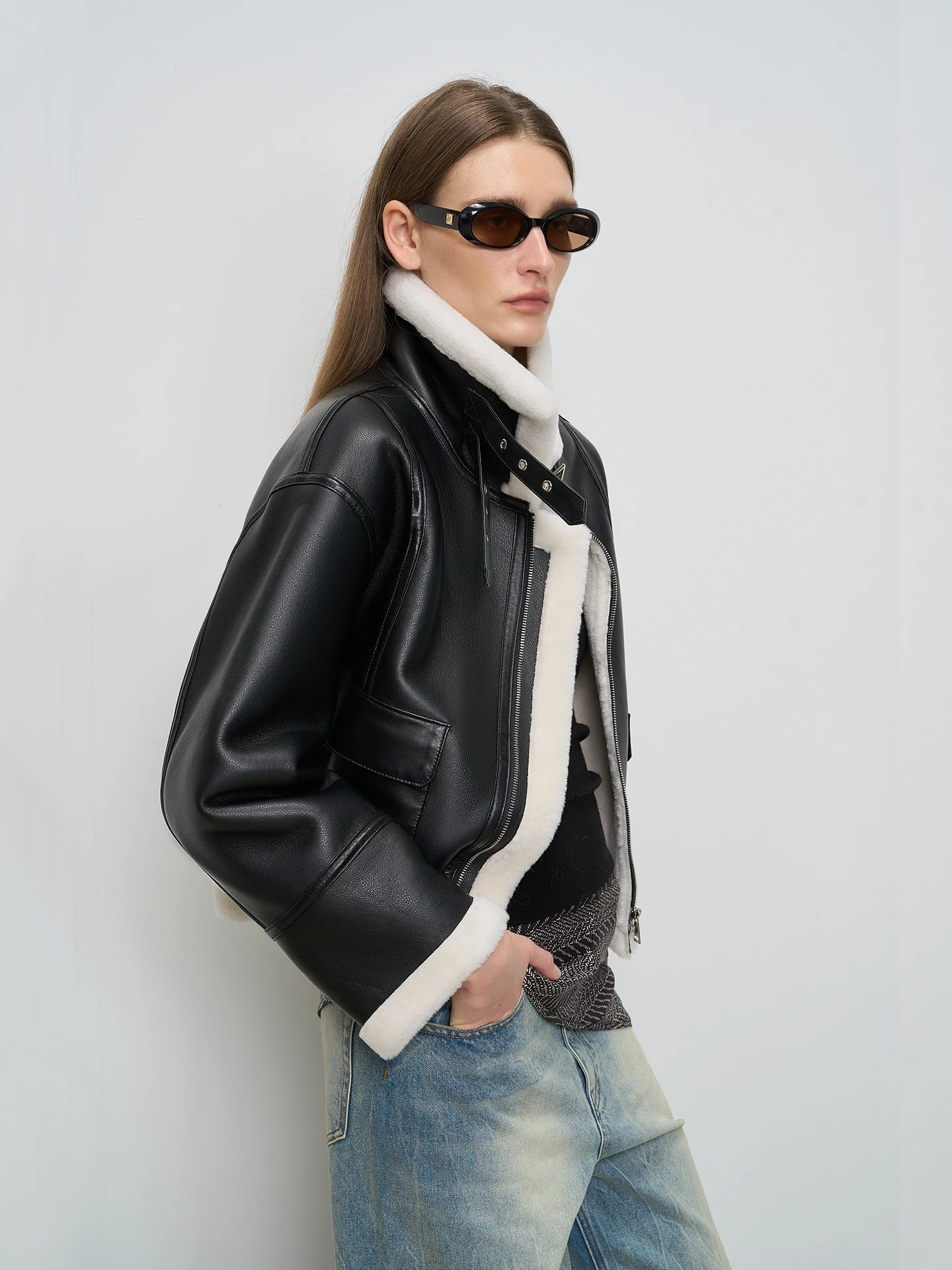 ケレ レディース ショート ブラック ファー ジャケット ラムスキン レザー コート 冬の新作 ヘアとレザー一体型 フライトジャケット