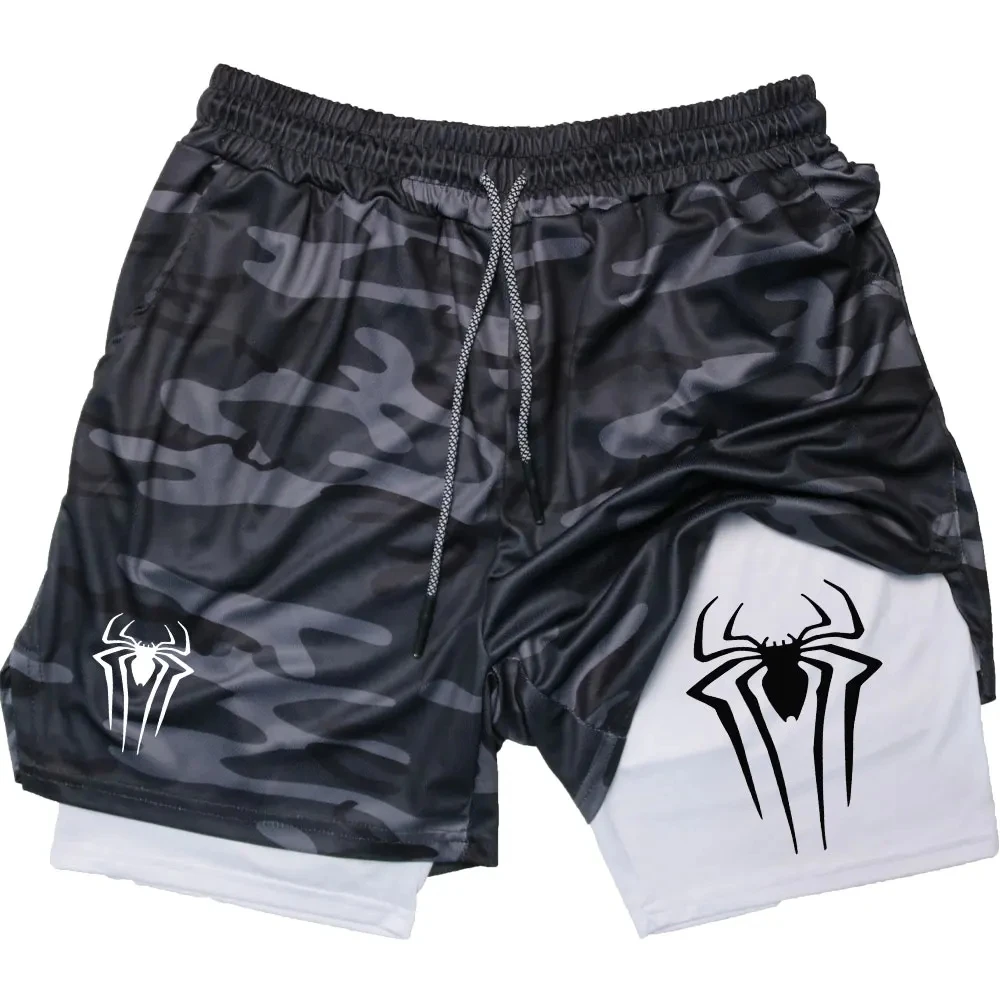 Y2K Performance Shorts Men Spider Printed GYM Casual Sports Compression Shorts Workout Running Mesh 2 In 1 Sport Short Pants