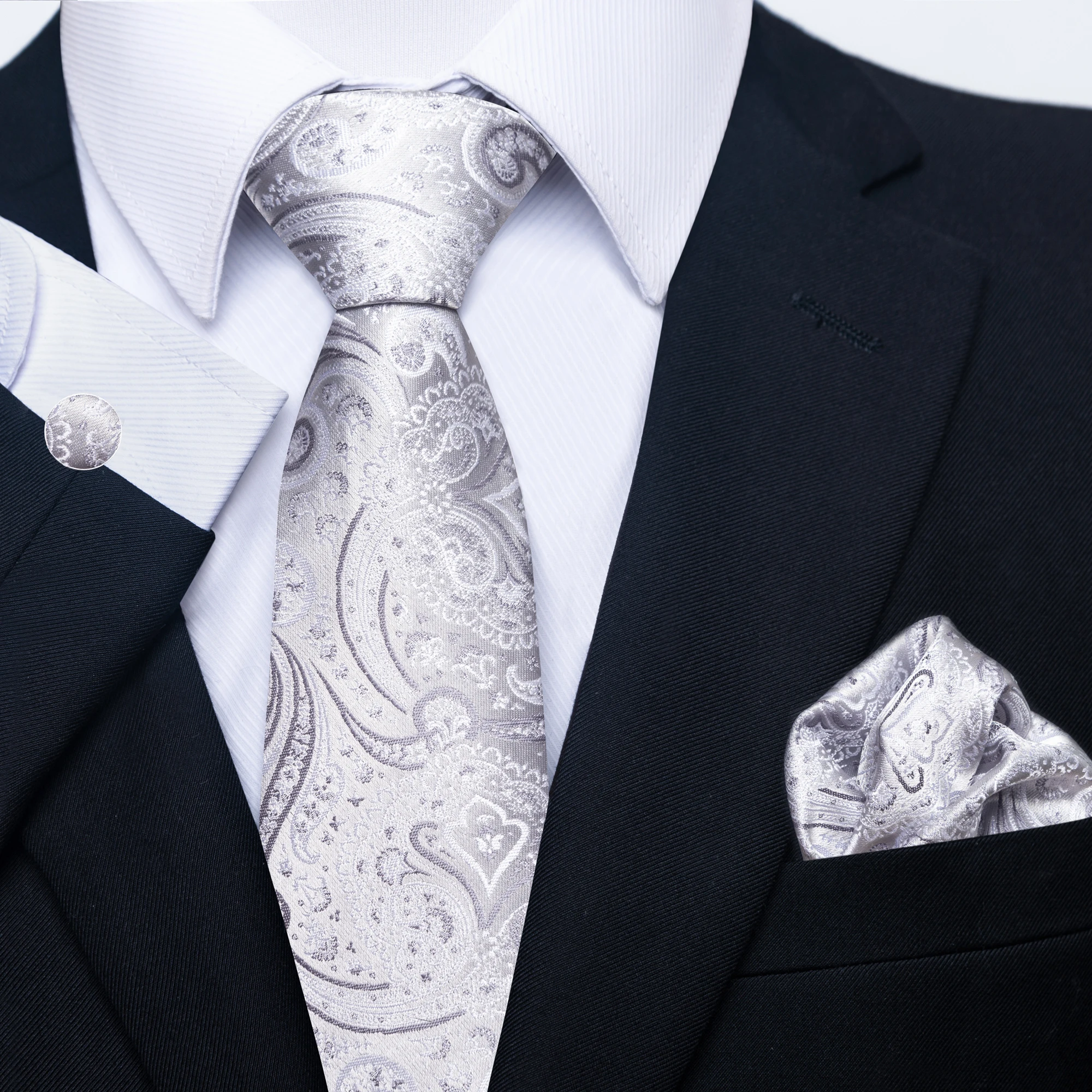 Bild 5: Herren-Paisley-Krawatte, 3-teiliges Set, inklusive Einstecktuch und Manschettenknöpfen, elegant und raffiniert, modisch und praktisch