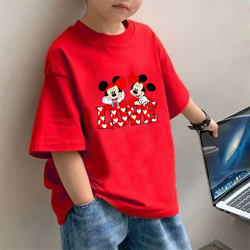 

Disney Mickey Mouse Print Kids T-shirt 2025 Summer Love O-neck Short-sleeved Comfortable Cotton Basic Top for Children
