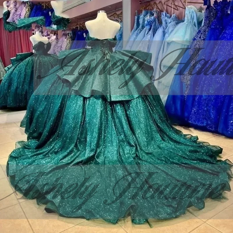 Personnalisé réel Pic brillant vert perles à lacets robe de bal balayage Train bal robe de fête d'anniversaire Quinceanera 15 16 robe 2025