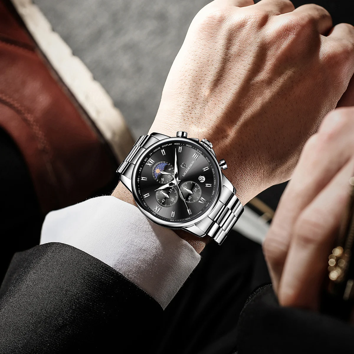 LIGE ساعة رجالية فاخرة موضة الأعمال القمر المرحلة كوارتز ساعات رجالية مقاوم للماء الفولاذ المقاوم للصدأ رجل ساعة كرونوغراف على مدار الساعة