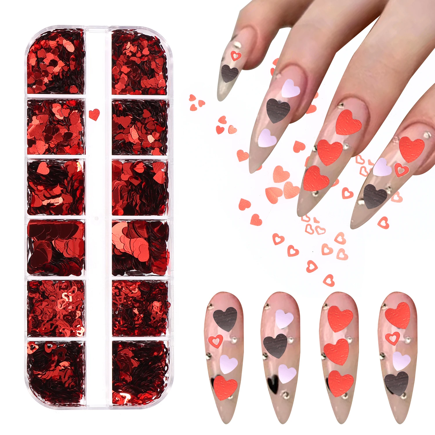 1 scatola di paillettes a forma di cuore di San Valentino di colore misto, paillettes per nail art con atmosfera di Capodanno, paillettes decorative per nail art per appuntamenti