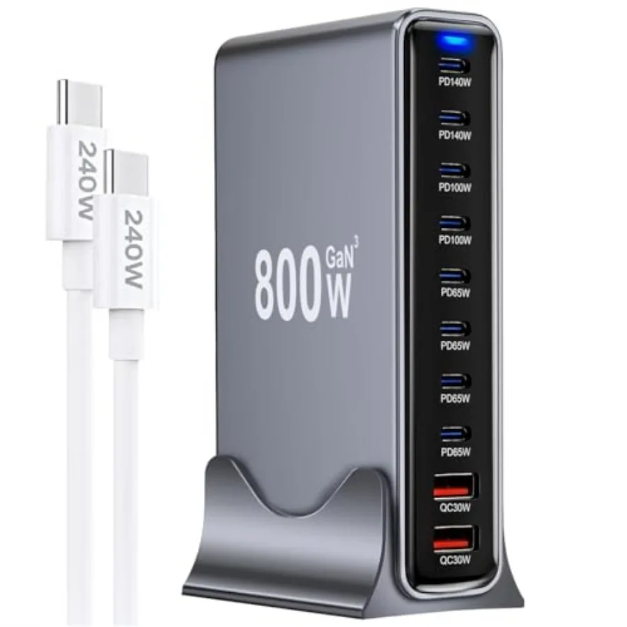 

Многопортовая зарядная станция 800 Вт с 10 портами и технологией GaN III для ноутбуков и iPhone, зарядные устройства USB-C — универсальный дорожный адаптер с Du