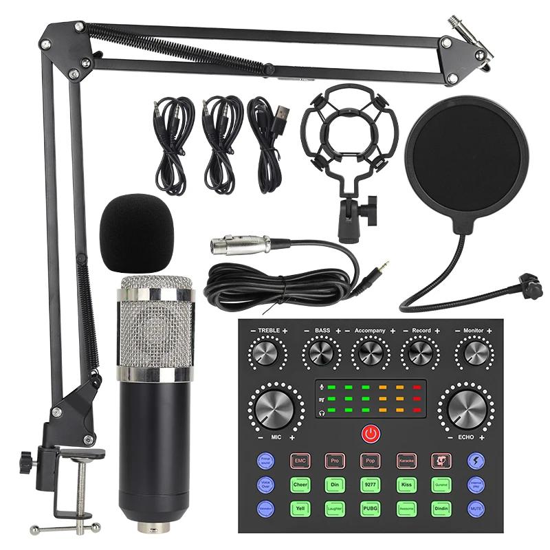 Likheung Microphone Kit Professional Sound Card Microphone Mic Arm Bracket Set V8S Live Soundcard BM800 Condenser Microphone