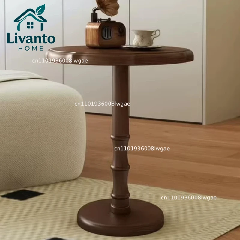 

French Retro Solid Wood Round Table Vintage Living Room End Table Mid-Century Nightstand Compact Apartment Living Room Furniture