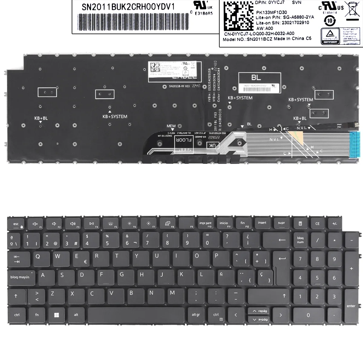 Spanish Keyboard for Dell Latitude 3520 3525 P117F P112F P107F Vostro 15 3510 3515 3520 3525 5510 5515 P106F Black Backlit Win8