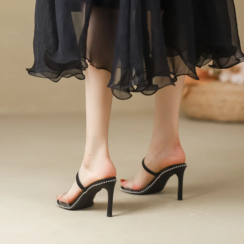 Water Diamond Transparent Slippers Women's 2025 New Summer with Thin Heels and Open Toed High Heels  Back Empty Outdoor Slippers