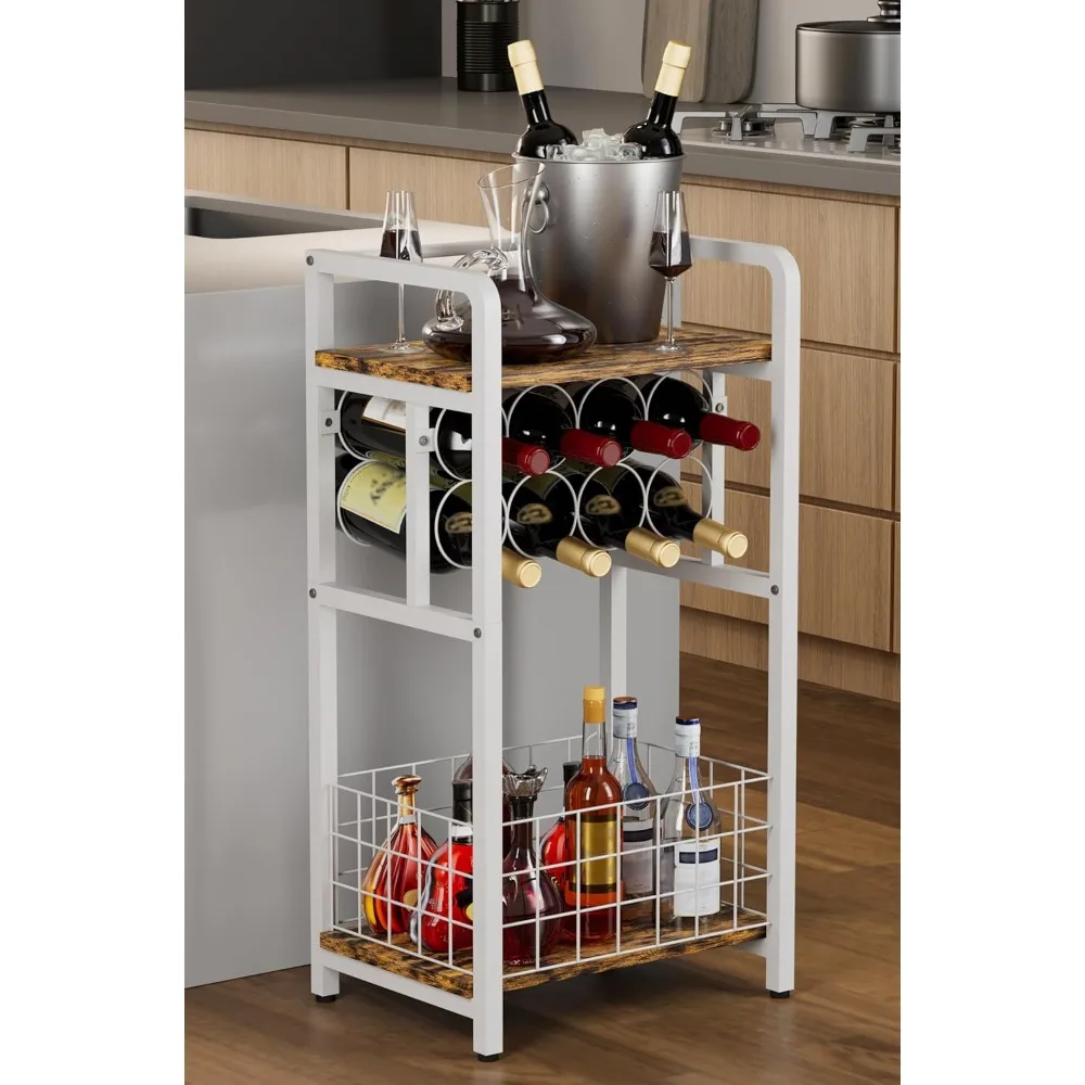 

3-tier wine rack freestanding floor with wood top, liquor stand with wine bottle holder, corner mini bar table for small space,