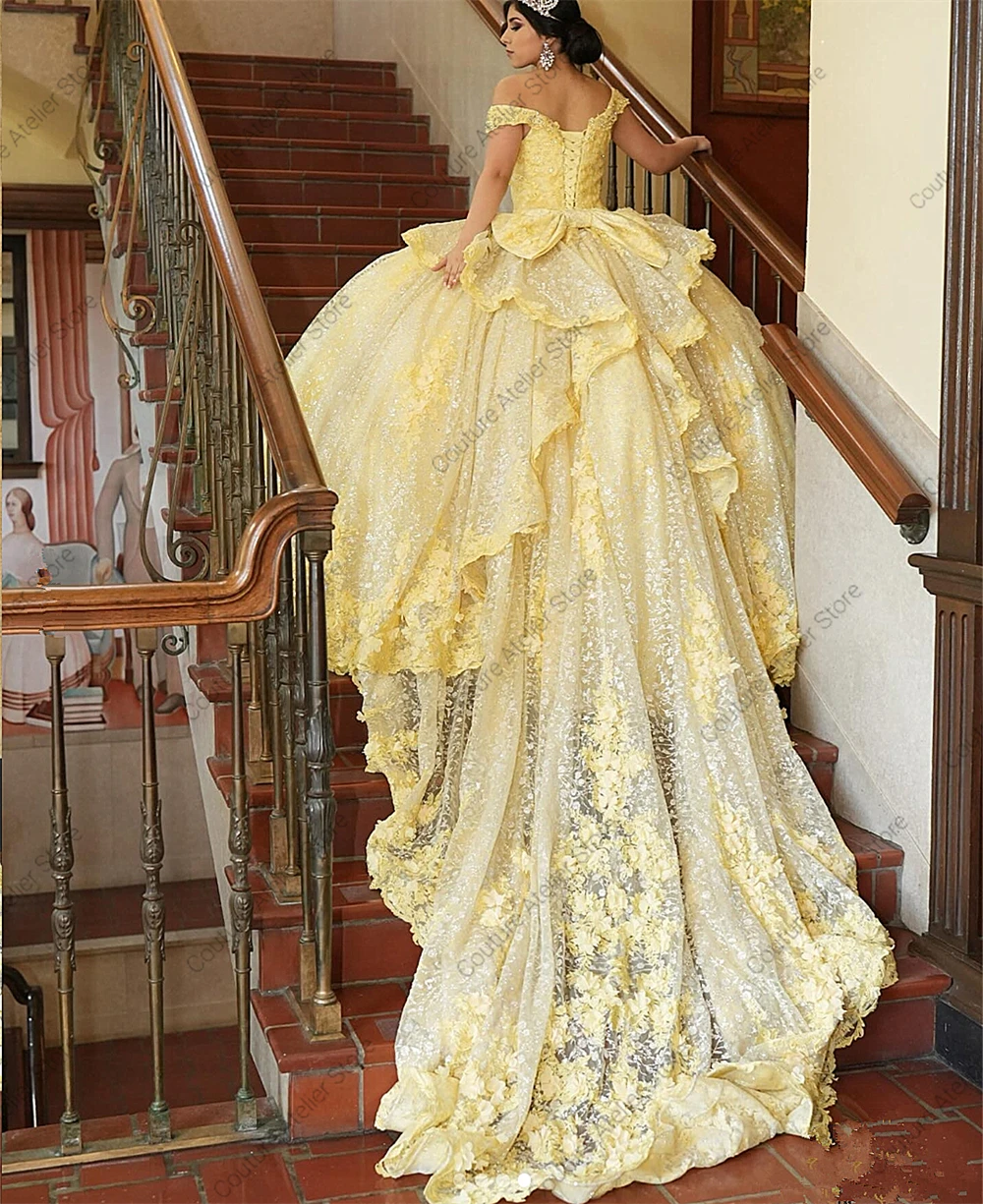 Chic Yellow Lace Flowers Off The Shoulder Ball Gown Quinceanera Dress 2025 With Bow Sweet 16 Dress vestidos para Customized