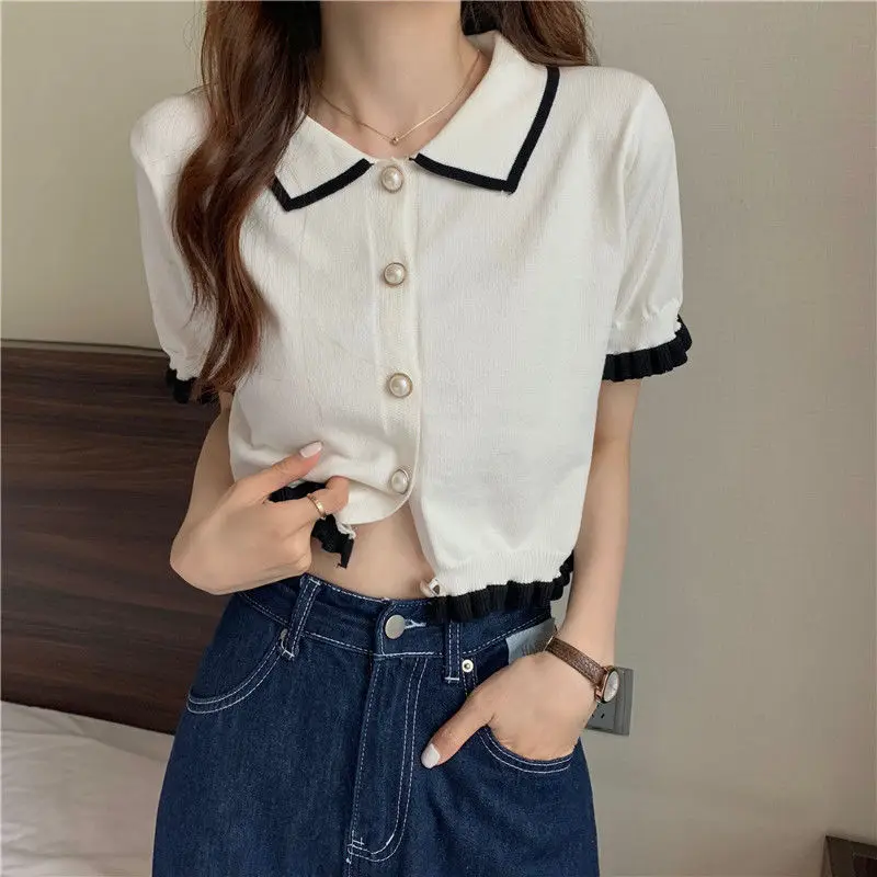 Women Knitting Button T-shirts Short Sleeve 2024 Summer Patchwork Tees Ladies Casual Loose Tops Female Vintage Polo Shirts