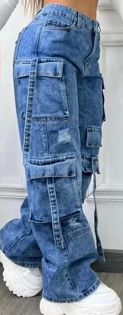 Women Denim Trousers Fashionable Solid Color Versatile Multi-pocket Casual Pants Ladies Large Size High Waist Denim 2025