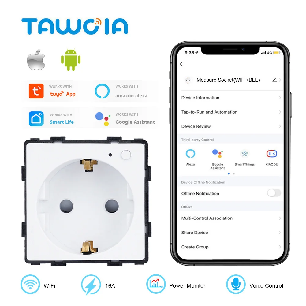 TAWOIA WiFi Wall Socket Function Key Part DIY Smart Power Monitor Sockets Electrical Outlet Smart Life Tuya Alexa Yandex Alice