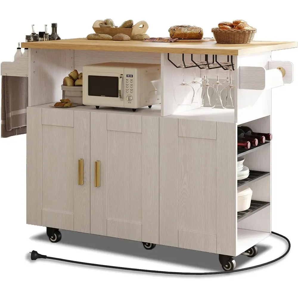 Carrinho de Cozinha com Rodas, com Tampo Rebatível, Armário de Armazenamento, Suporte para Micro-ondas, Suporte para Toalhas e Tomada Elétrica