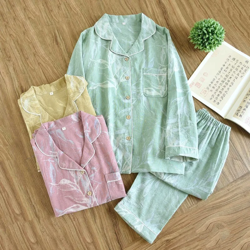 

2026 Spring and Autumn New Women's Pajama Set 100% Cotton Gauze Jacquard Bamboo Leaf Long Sleeve Large Casual Home Clothing