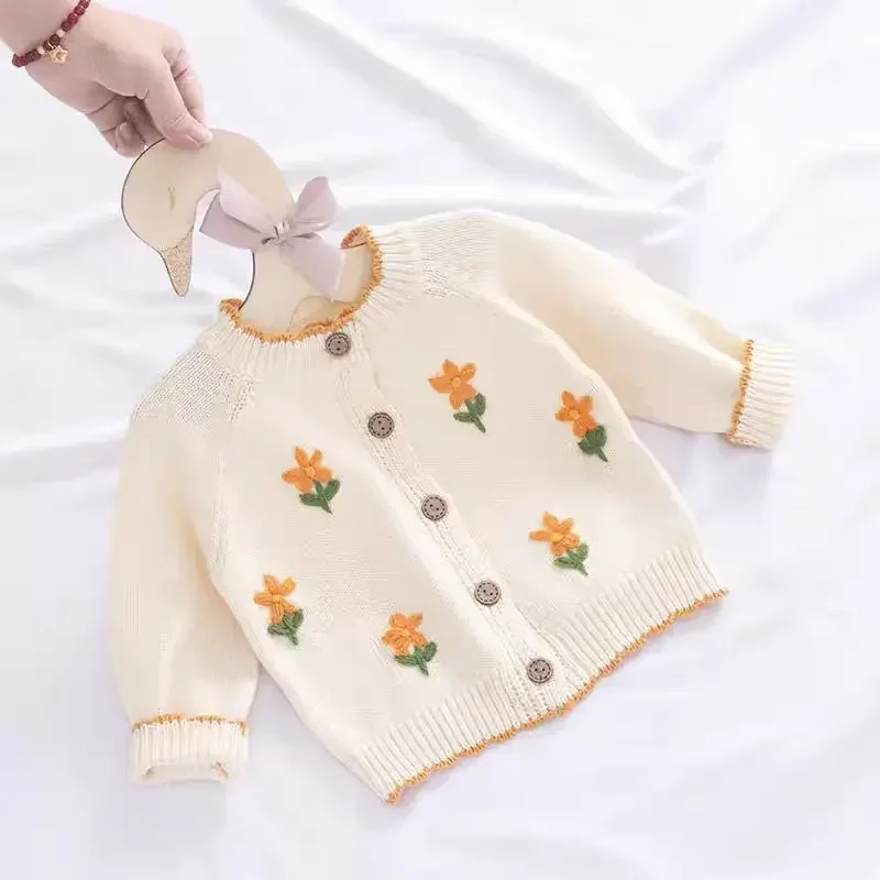 Spring Autumn Baby Girls Knitted Cardigan Sweater Coat 1-3years Girls Flower Embroidery Long Sleeve Jacket Baby Clothes