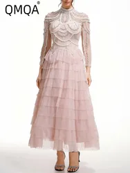 QMQA Fashion Women's Solid Beaded Design Dresses Round Neck High Waist Long Sleeve Elegant Dress Female Spring 2024 New 1A120