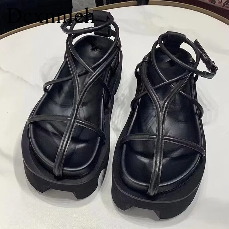 New Summer Genuine Leather Hollow Out Open Toe Sandals Women's Thick Sole Thin Band Sandalias Seaside Vacation Beach Shoes