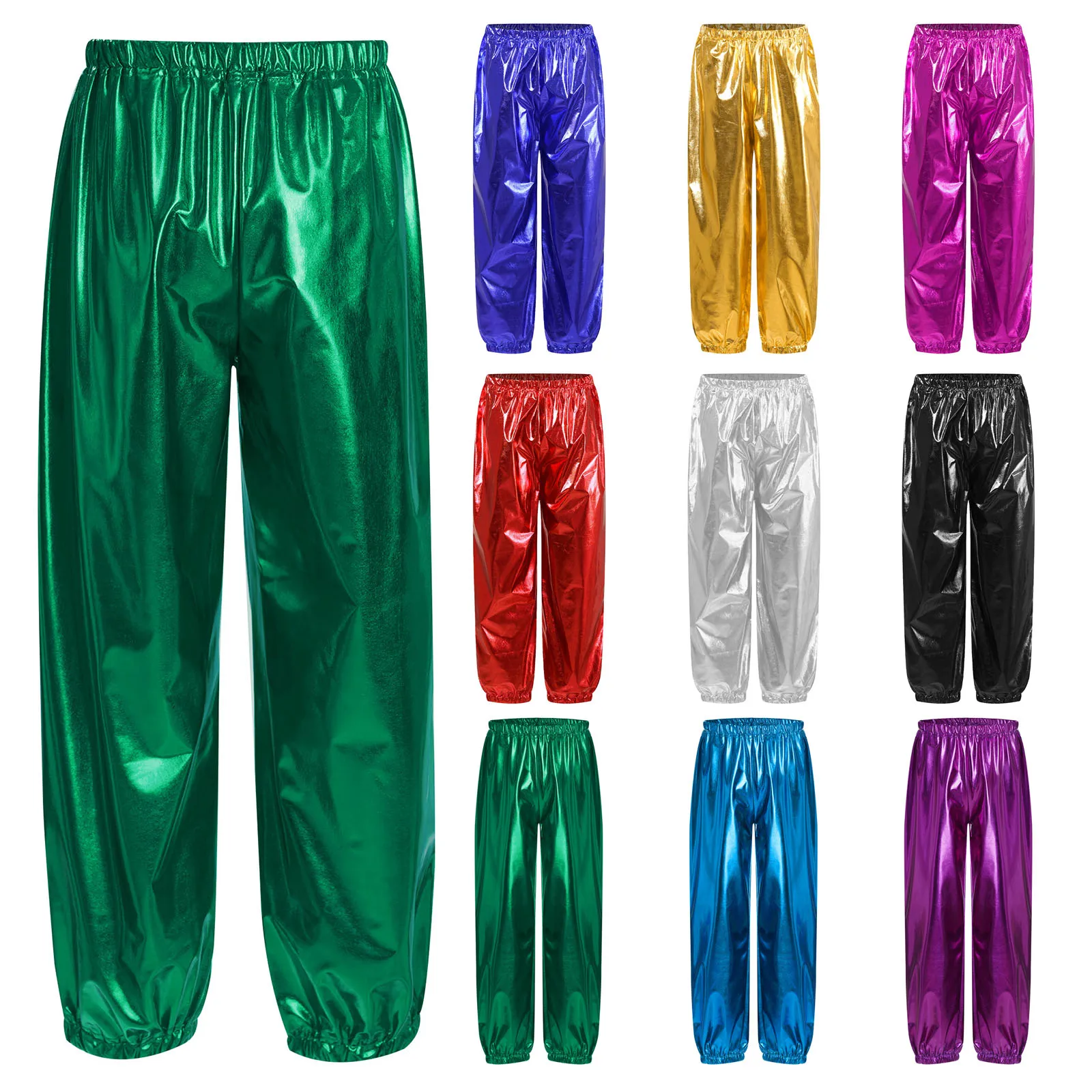 Kids Girls Boys Metallic Pants for Dance Showing Hip Hop Jazz Dance Costumes Shiny Trouser Street Dance Outfits