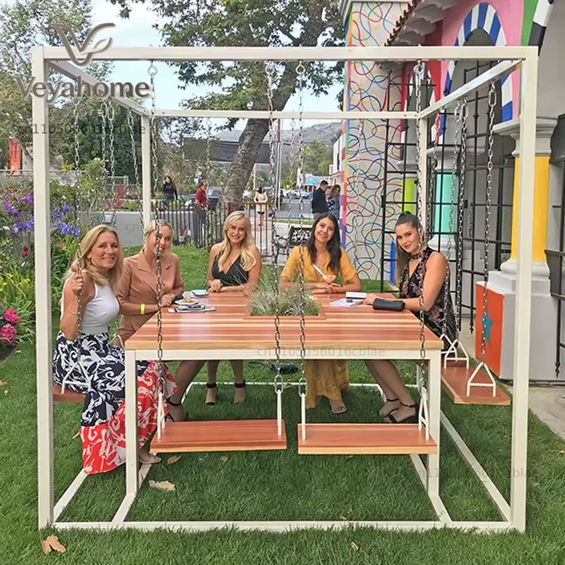 Outdoor and Indoor  Furniture Garden Swing Chair for 8 Persons with Table  Patio Dining Chair Waterproof Garden  Sets