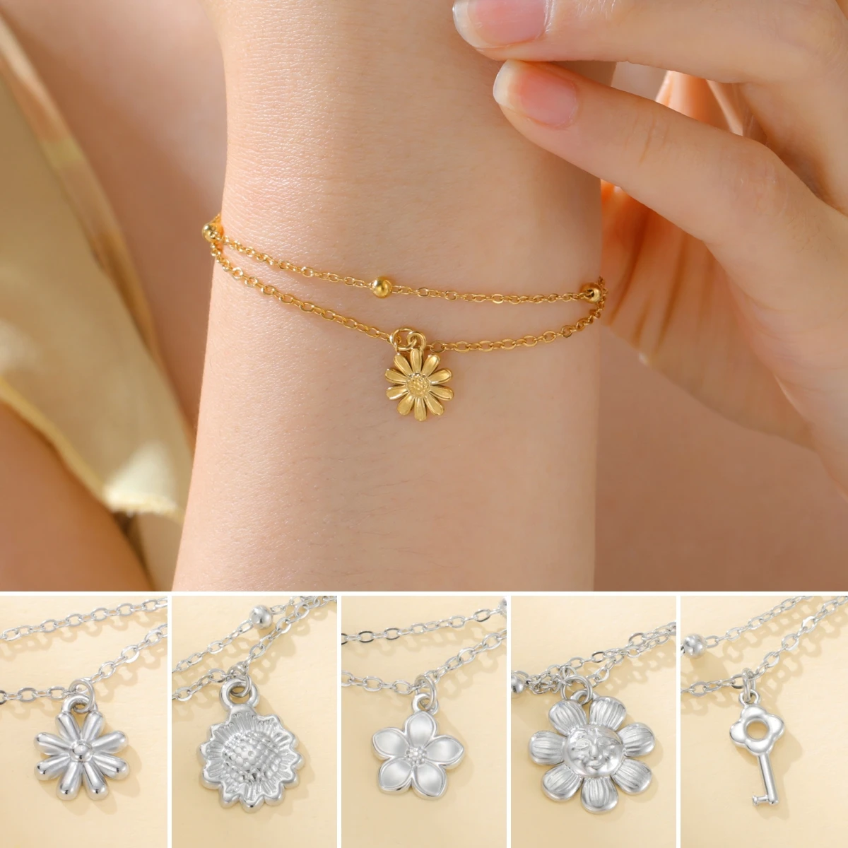 Unift Simple Fashion Daisy Flower Women's Hand Bracelets Tiny Flowers Charm Stainless Steel Jewelry Female Double Layer Chain