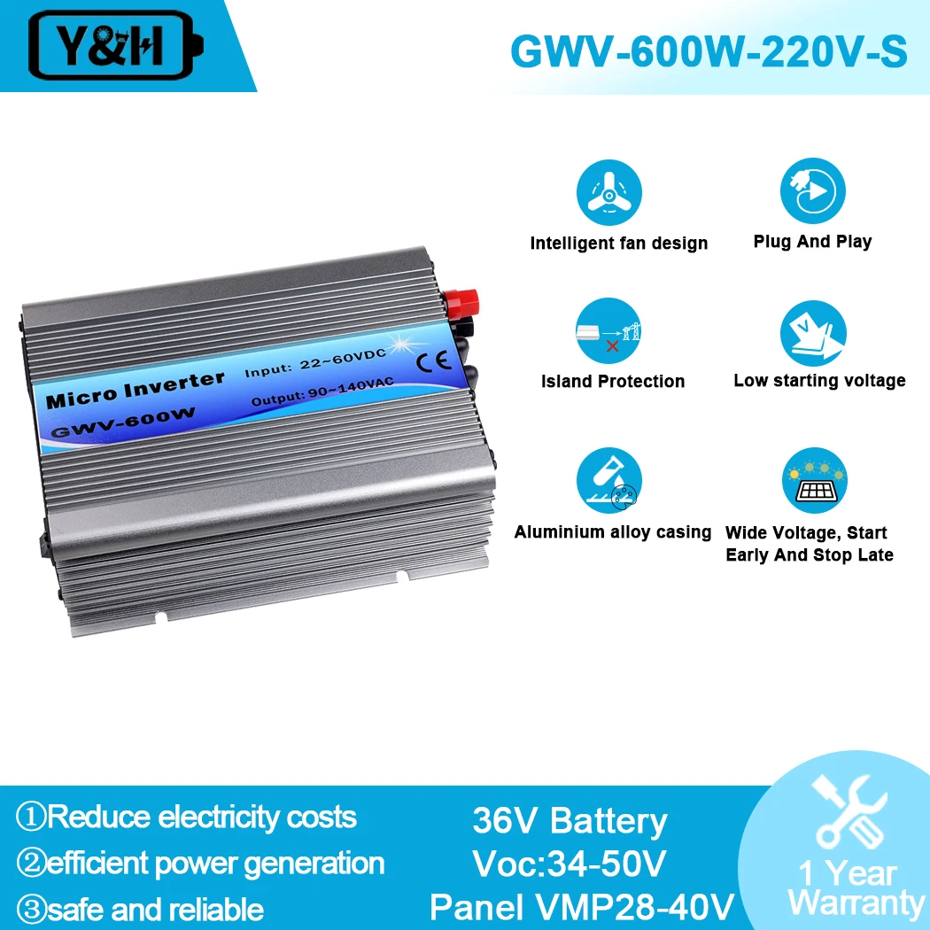 Y&H 600W Grid Tie Solar Inverter MPPT Pure Sine Wave Micro Inversor DC22-60V PV Input AC120V/220V Solar Panel Home System