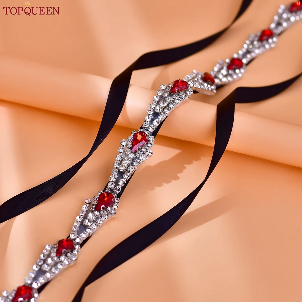 

TOPQUEEN Red Diamond Belts Thin Bridal Wedding Dress Sash Bling Chain Women Formal Dresses Rhinestones Appliques Dresses S31