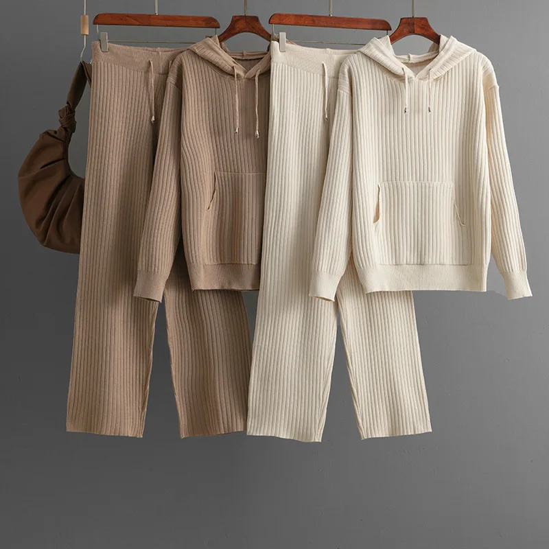 

2025 New Casual Knit Two Pieces Suits Women Long Sleeve Hoodie+Wide Legs Pants Solid Winter Elastic Loose Sweater 2pcs Set Wh13