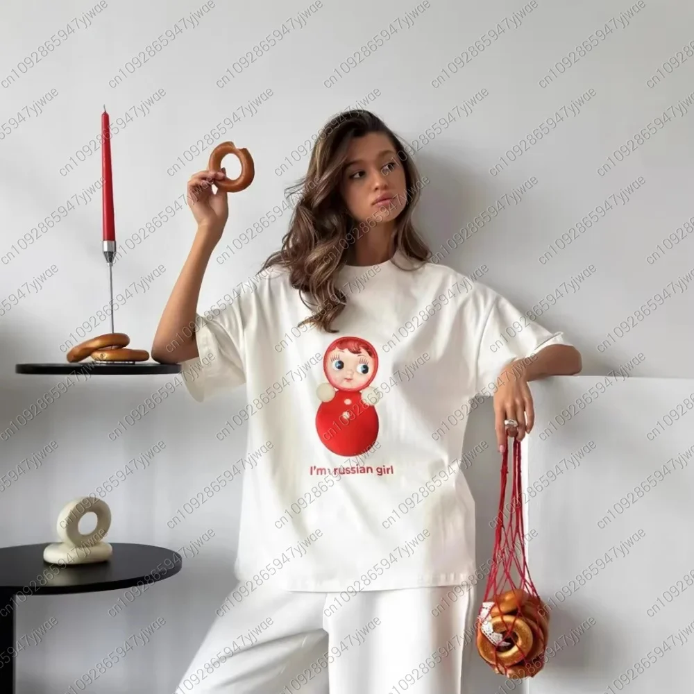 

women Retro Russian Nesting Doll Print Ladies T Shirt Casual Fashion Y2k Personality Round Neck Short Sleeved T Shirt Street top