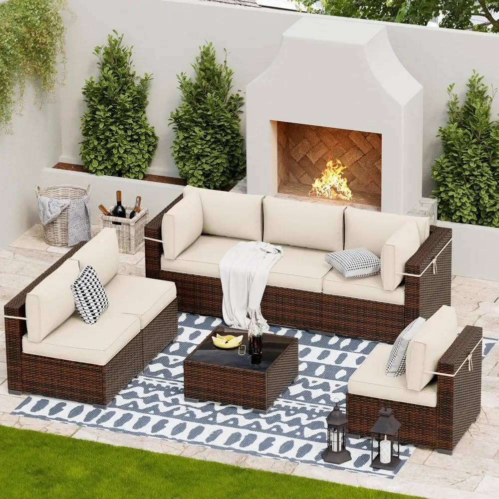 

7 Piece Patio Furniture Set, Rattan Outdoor Sofa, Backyard Wicker Patio Conversation Set, Deck with Glass Table, Sofa Cover