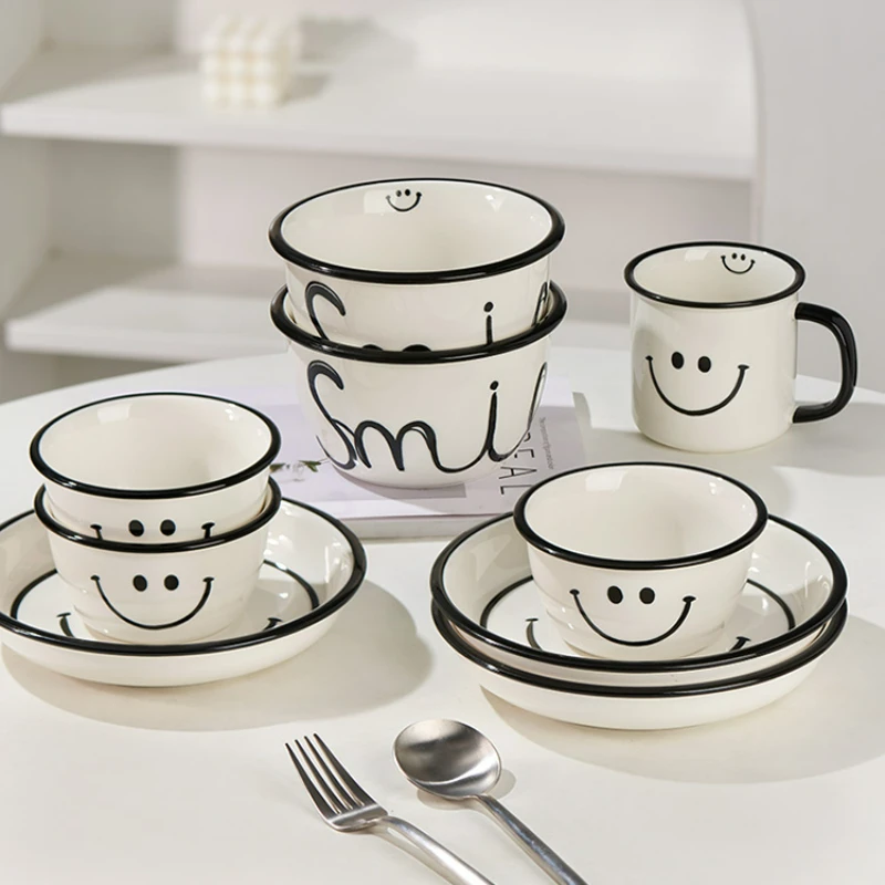 2023 New Smiliey Face Series Dishes and Plates Sets Combination Ins Wind Dish Set Household Dinner Plate Ceramic Dinner Set