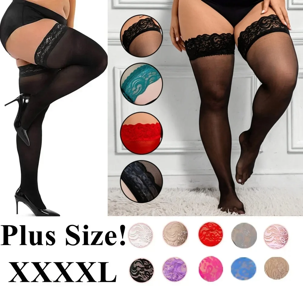Elastic Lace Top Knee Thigh High Stockings Anti-skid Plus Large Size Sexy XXL Black Stocking for Oversized Women 3XL 4XL 5xl 6xl