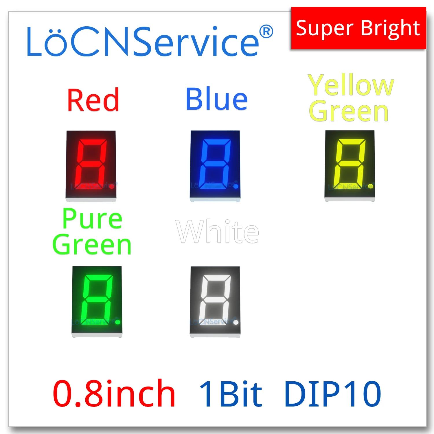 LoCNService 30PCS 0.8นิ้วจอแสดงผล LED หลอดดิจิตอล1บิตสีแดงสีเหลืองสีเขียวสีฟ้าสีขาวทั่วไป Anode/แคโทด7 0.8นิ้ว