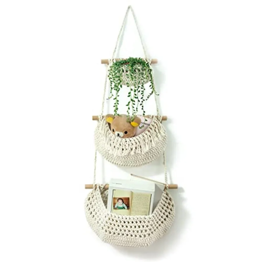 

Трехуровневая подвесная корзина для фруктов на дверь, ручной работы, из хлопкового каната, настенный органайзер в бежевом стиле бохо, корзины для хранения для кухни